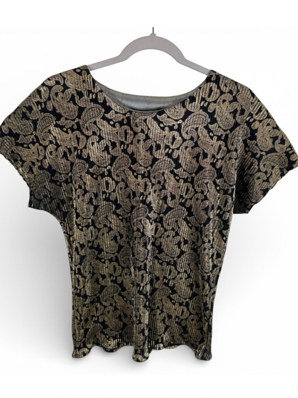 Trimmings Vtg Gold Metallic Paisley Plissé Dolman Blouse‎ Black Gold Old Money L